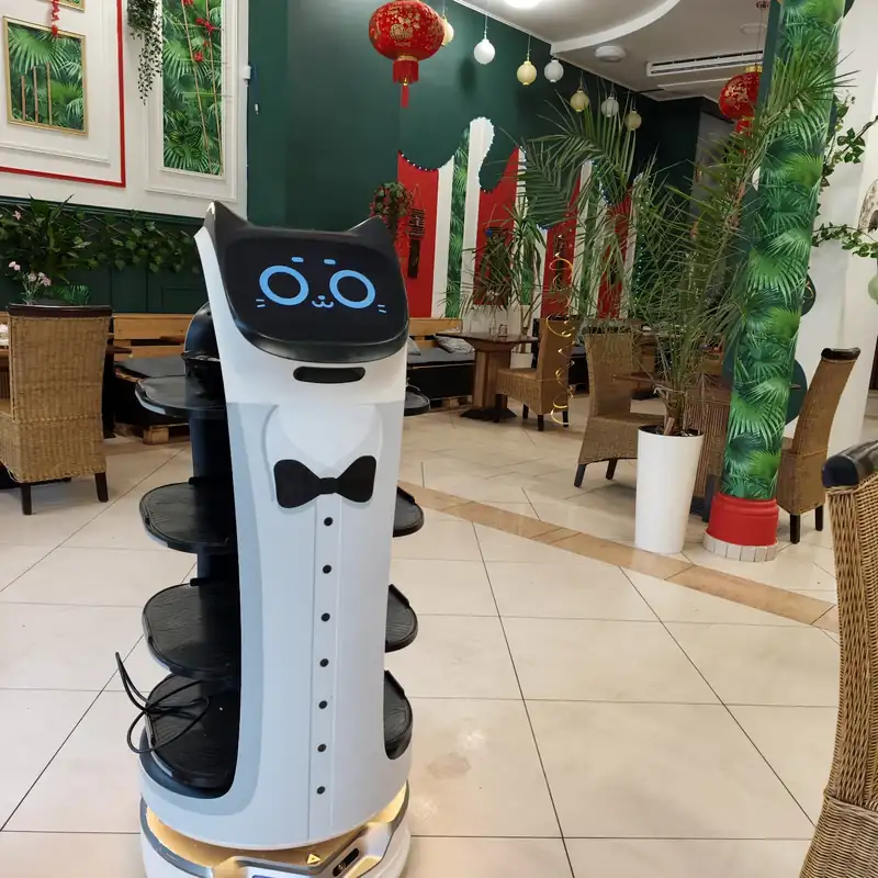 Robot-kelner z kocią buzią na ekranie i muszką, na tle sali